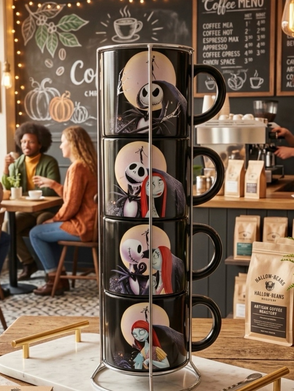 ☕️ The Nightmare Before Christmas Black Stackable Mug Set - Jack & Sally ☕️